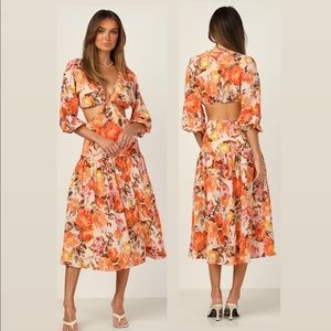 🍂 🍁🧡Orange Floral Cut Out Midi Beth Dress Runway Scout Wedding Guest Autumn